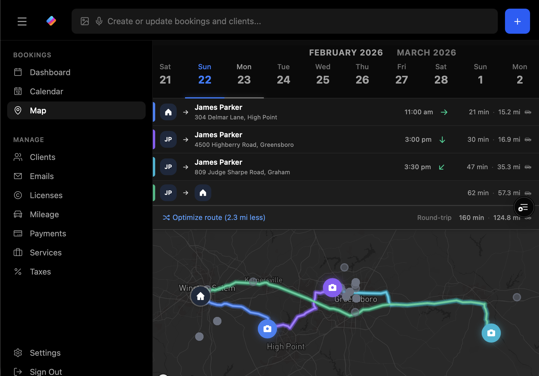 Map view with booking routes